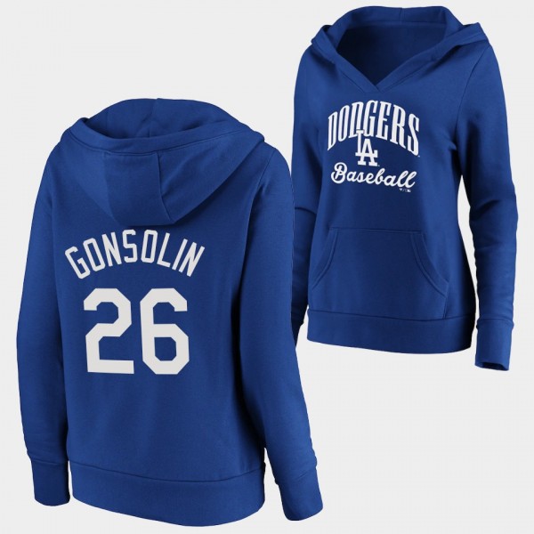 Women's Dodgers Tony Gonsolin Victory Script Royal Crossover Neck Hoodie